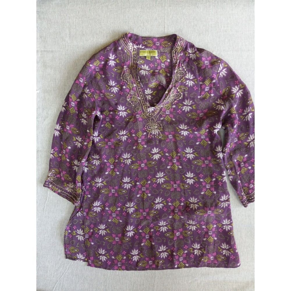 Sigrid Olsen Women's 8 Floral/ Beaded Pullover Pure‎ Viscose Purple Blouse